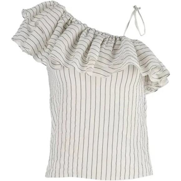 Ganni Wilkie Ruffle Striped Seersucker Blouse Size EU36/S - Picture 1 of 5